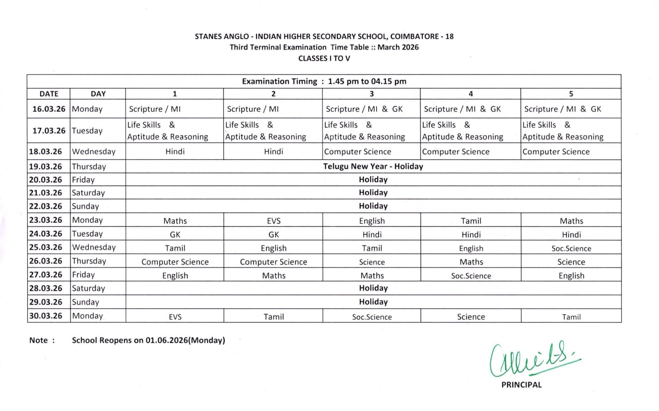Third Terminal Examination Timetable – Classes I to V