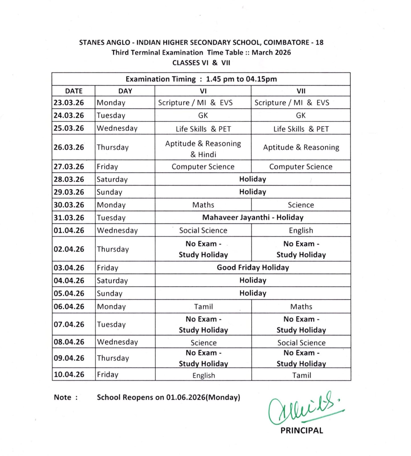 Third Terminal Examination 2026 Classes VI & VII